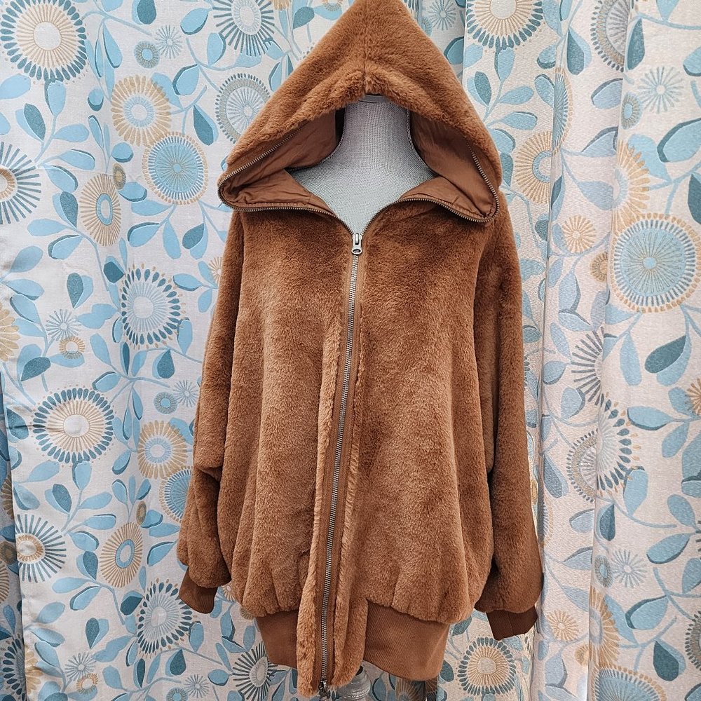 Free People Turn Up Zip Hoodie Teddy Brown Faux Fur Jacket